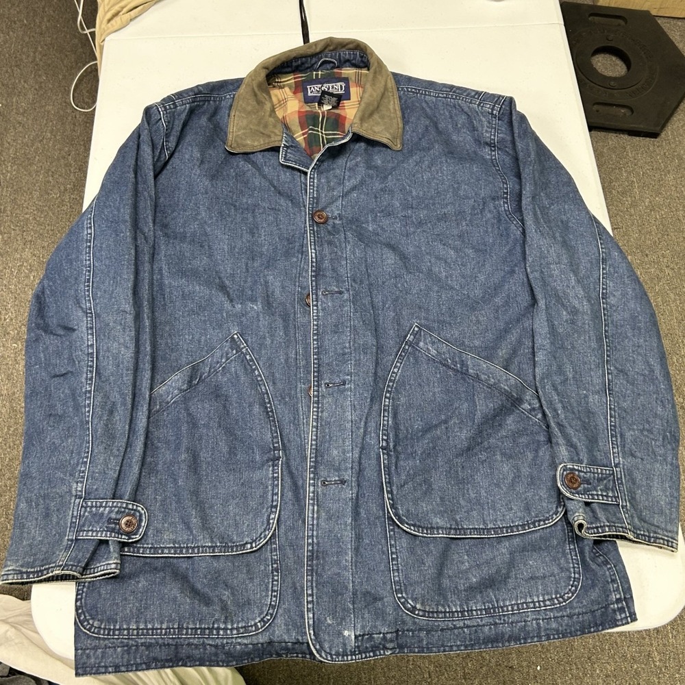 Lands End Barn Coat Jacket Mens L Blue Denim Plaid Lined Corduroy Collar